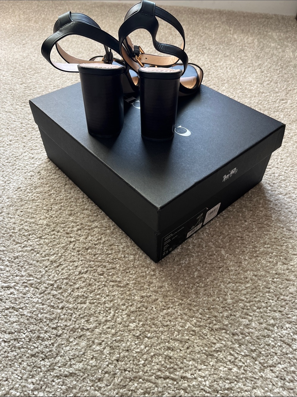 Coach Black Leather Ankle-Strap Block Heel Sandals with Gold Logo - Picture 4 of 4